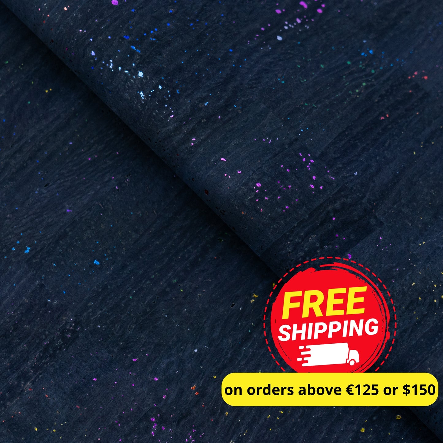 Black Cork Fabric with Rainbow Foil Flecks COF-653