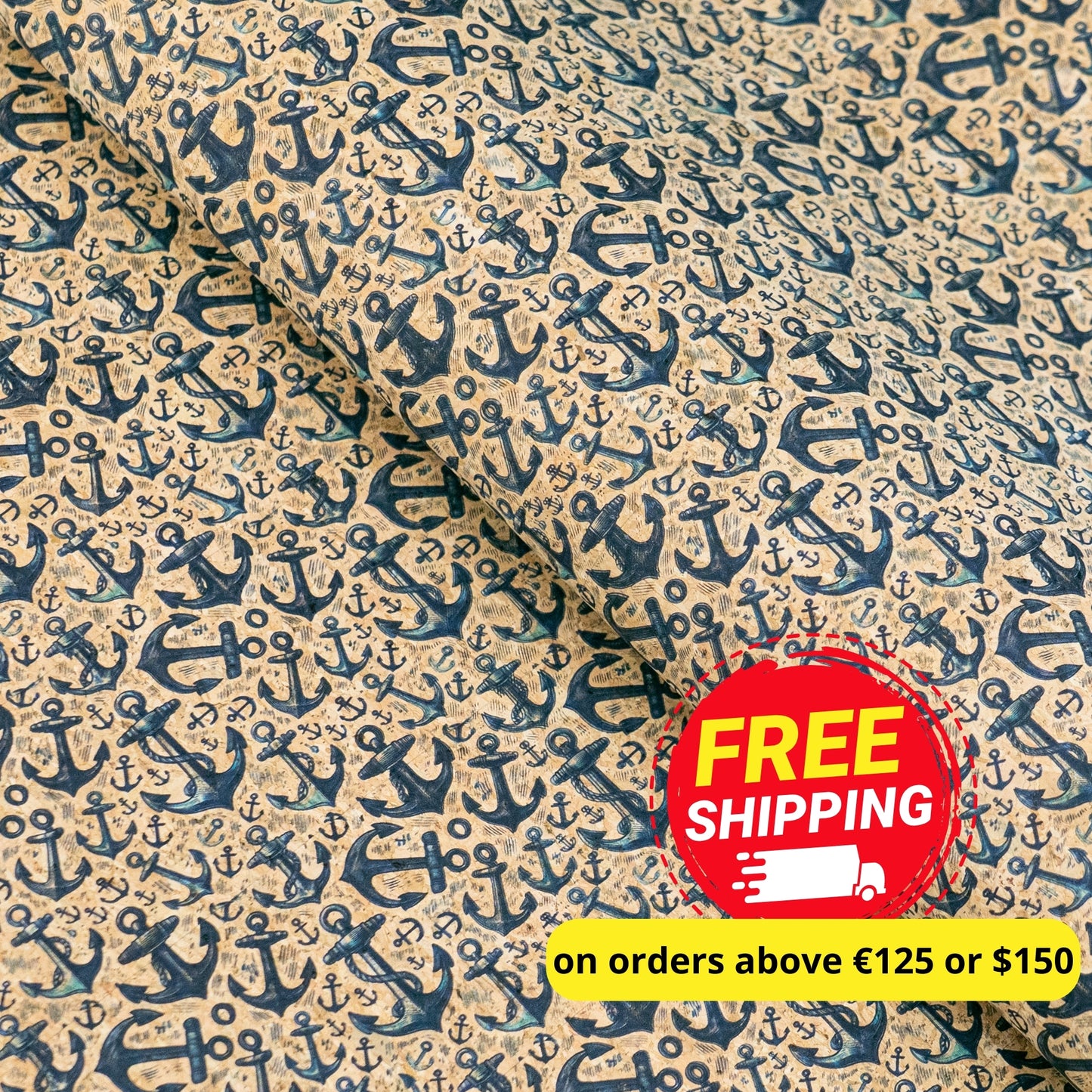 Nautical Theme: Multi Size Blue Anchors Pattern Cork Fabric COF-792