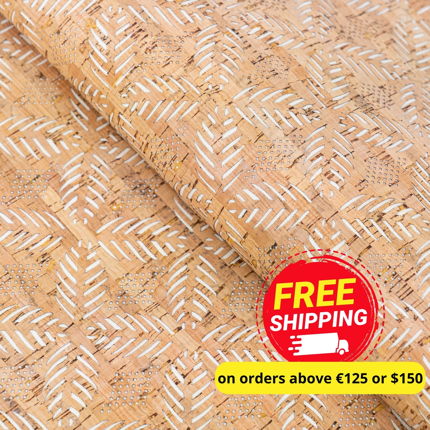 Natural Cork Fabric with White Geometric Cut-Out Pattern COF-663