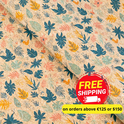 Natural Cork Fabric with Yellow and Green Blu Leaves Pattern  COF-809