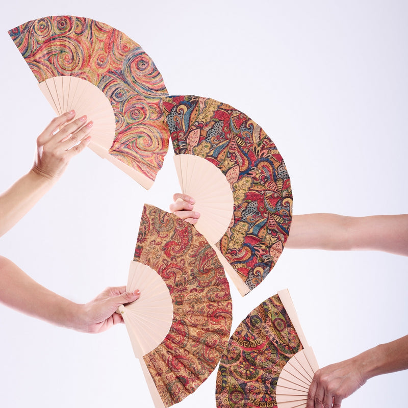 12units-Cork Antique Wooden Folding Hand Fan  L-1072