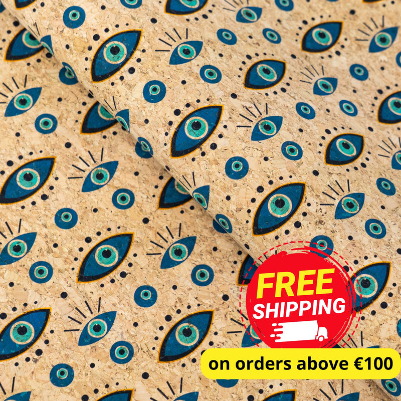 Natural Cork Fabric with Blue Eye Print COF-668