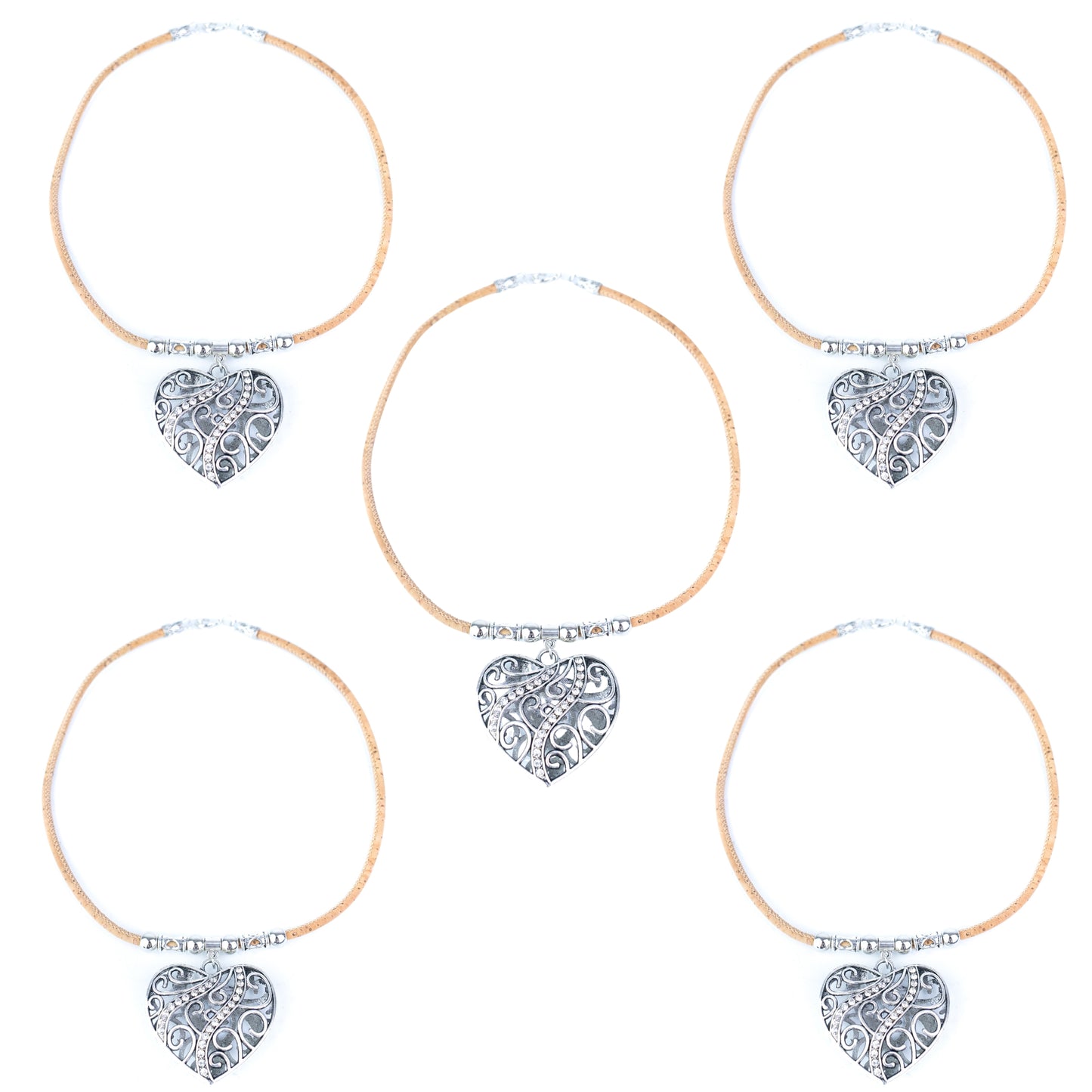 Portuguese Cork Double-Sided Heart Necklace with Rhinestone Pendant NE-1087-5