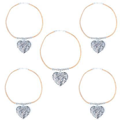 Portuguese Cork Double-Sided Heart Necklace with Rhinestone Pendant NE-1087-5