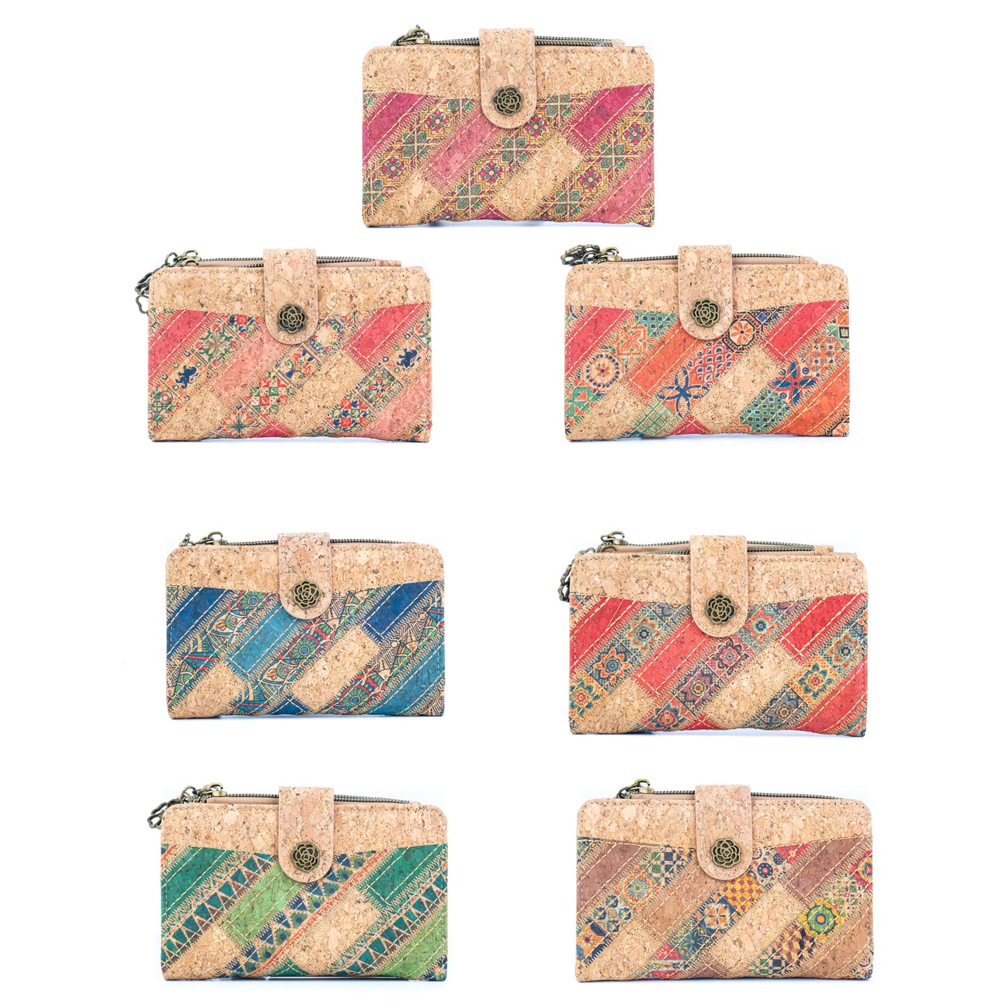 7-Pack Patchwork Cork Wallet | Boho Print, Zip & Snap Closure – BAGD-635
