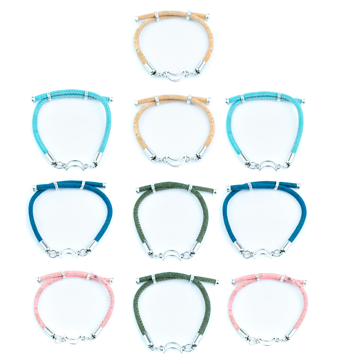 Portuguese Handmade 3mm Cork Bracelet with Moon Charm – Mixed Colors, Pack of 10pcs-BR-463-MIX-10