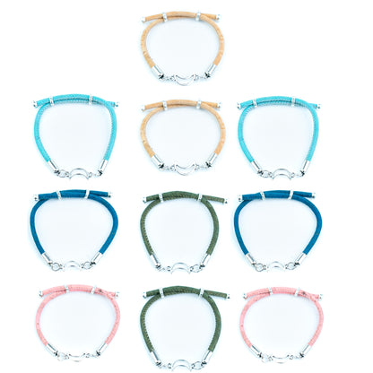 Portuguese Handmade 3mm Cork Bracelet with Moon Charm – Mixed Colors, Pack of 10pcs-BR-463-MIX-10