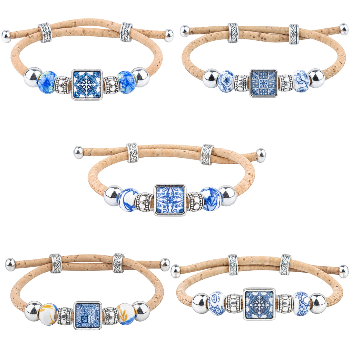 Portuguese Tile Cork Bracelets with Decorative Beads – Set of 5- DBR-070-MIX-5