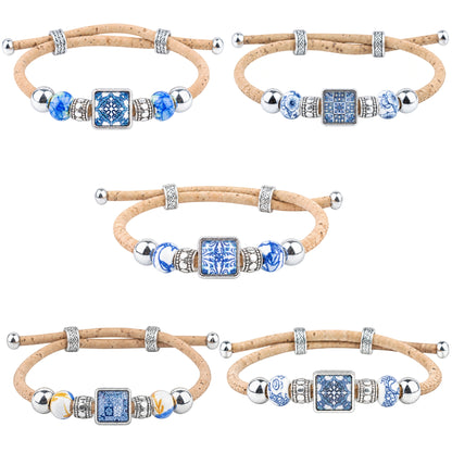 Portuguese Tile Cork Bracelets with Decorative Beads – Set of 5- DBR-070-MIX-5