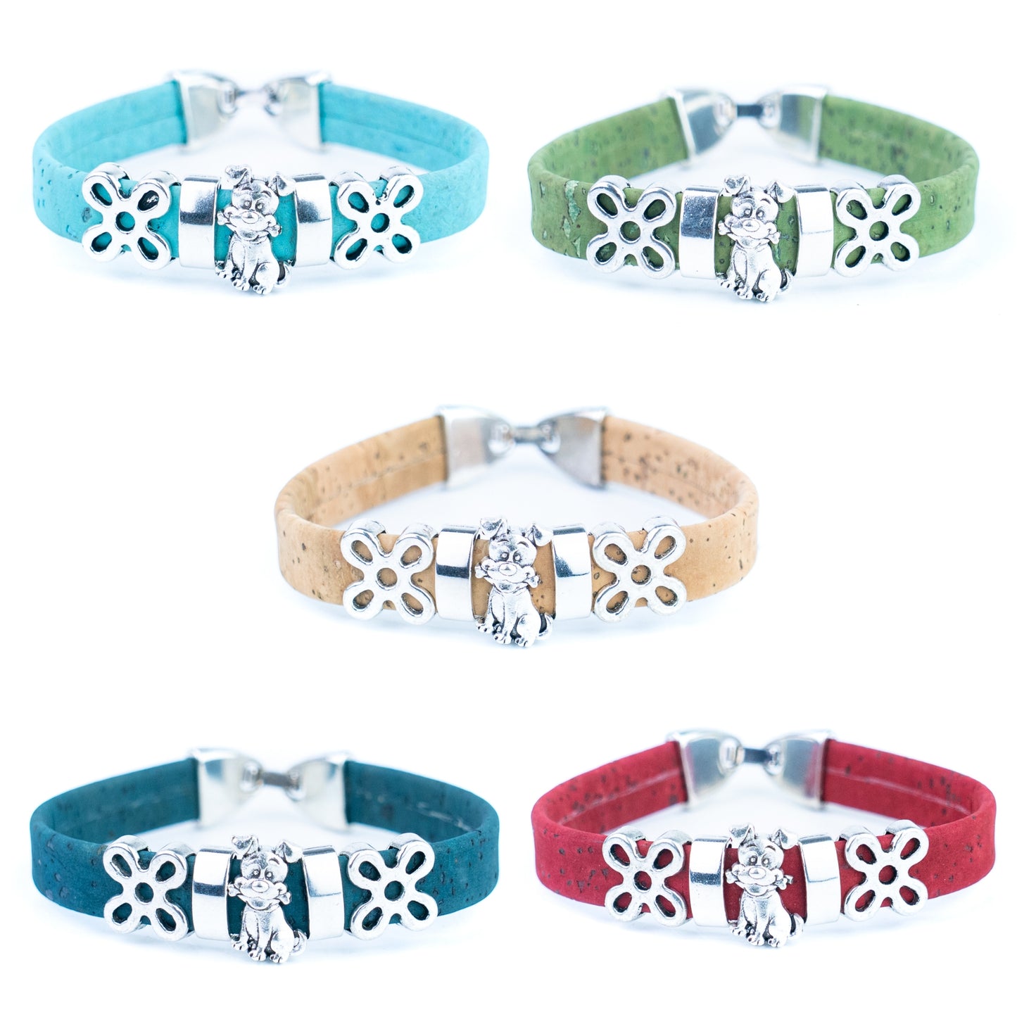 Portuguese Handmade Cork Bracelet with Dog Charm &amp; Floral Alloy Spacers BR-531-MIX-5