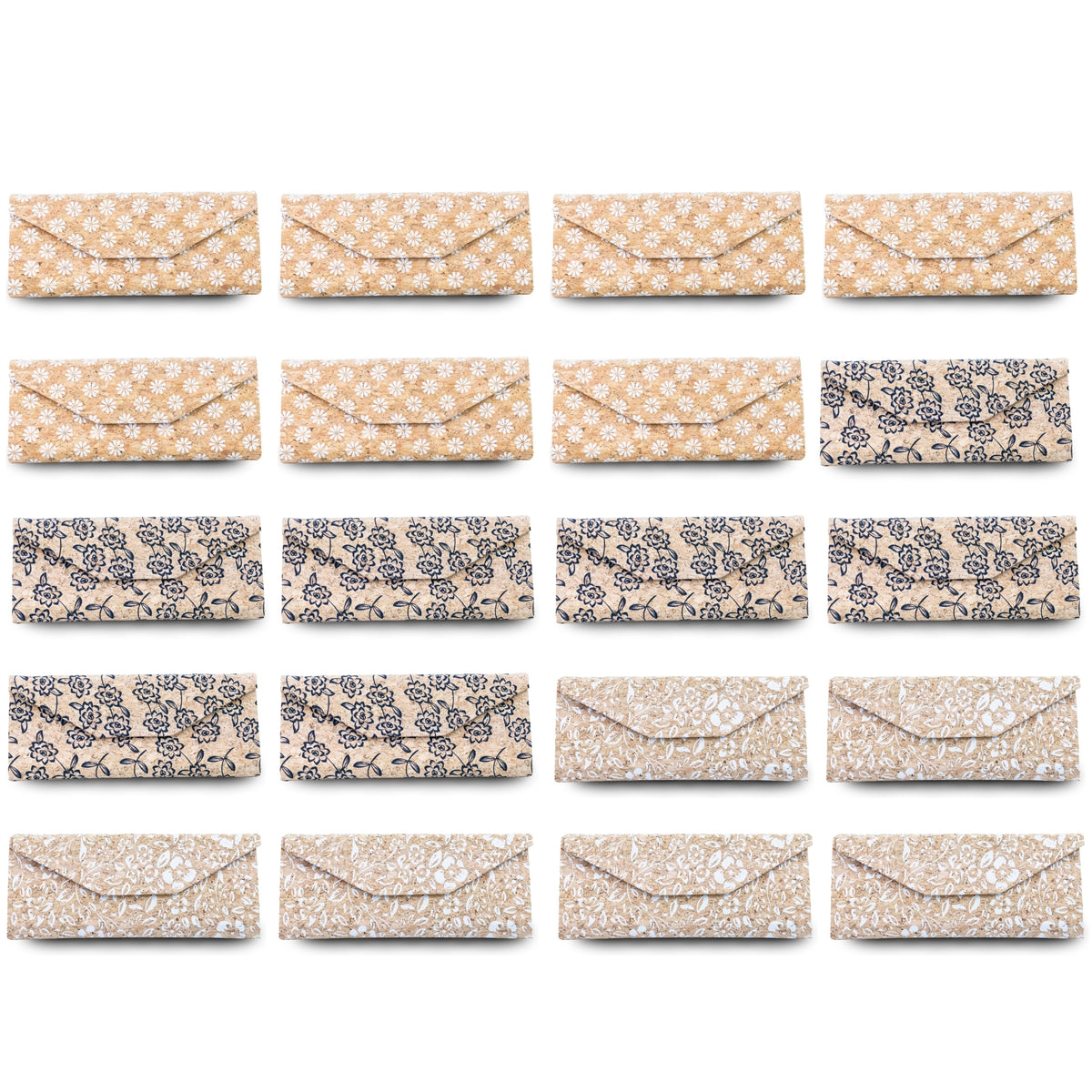 Foldable Cork Glasses Cases – Assorted Patterns, Pack of 20 | L-1218-MIX-20