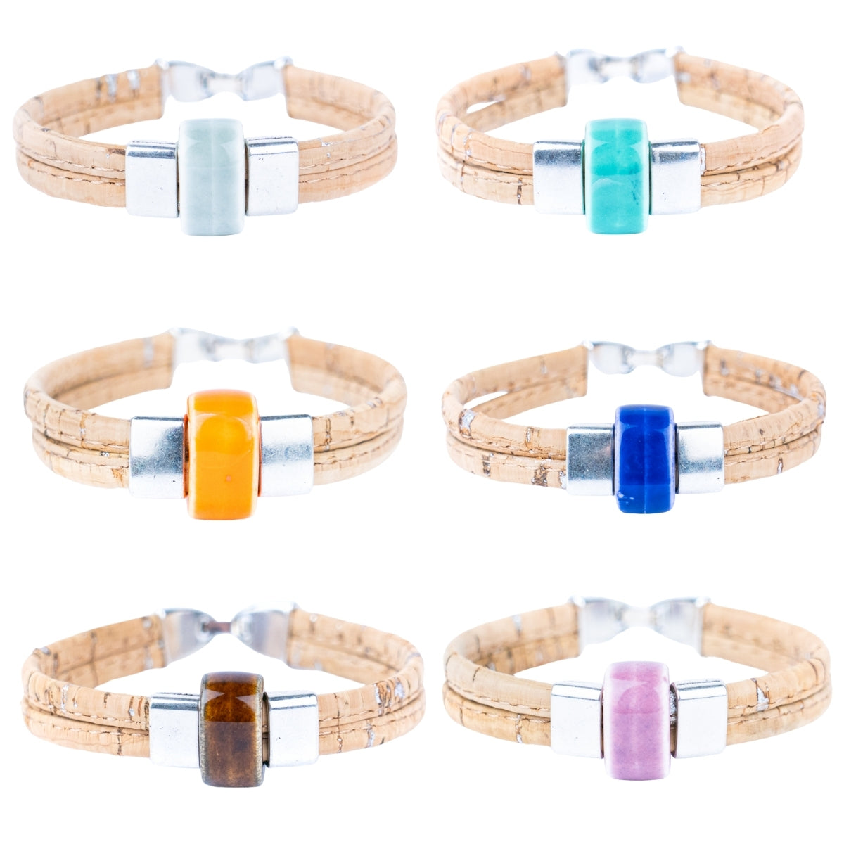 5mm flat natural color cork wire and colorful ceramic beads handmade women's bracelet BR-452-MIX-6