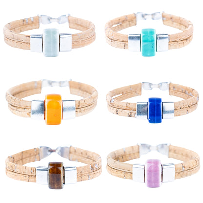 5mm flat natural color cork wire and colorful ceramic beads handmade women's bracelet BR-452-MIX-6