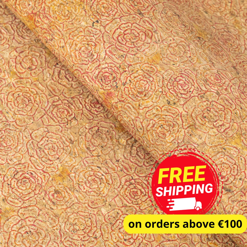 Embossed Rose Pattern Cork Fabric Beige & Red Tones COF-643