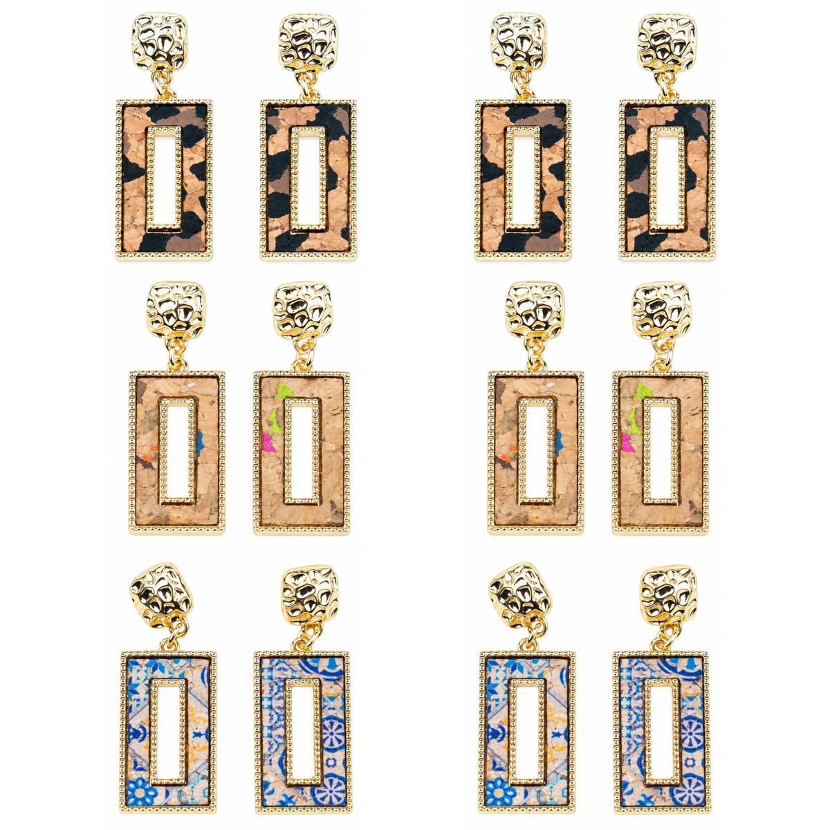 Tri-color natural cork geometric cutout rectangular gold earrings  – Pack of 6Pairs-ER-214-MIX-6