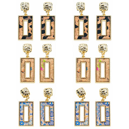 Tri-color natural cork geometric cutout rectangular gold earrings  – Pack of 6Pairs-ER-214-MIX-6