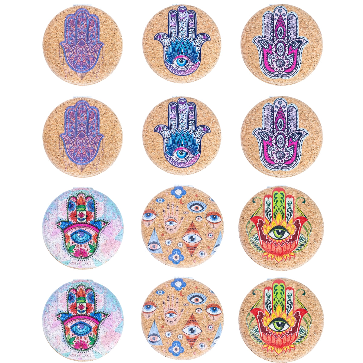 Round Cork Compact Mirror - Hamsa & Eye Design (12-Pack)L-1091