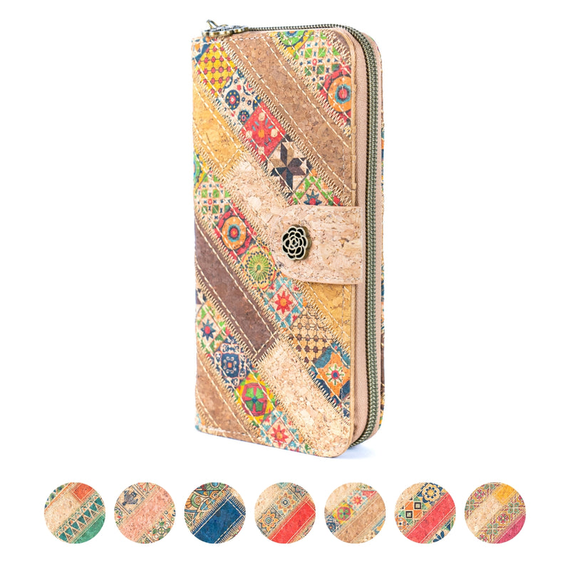 Patchwork-Stitched Printed Cork Long Wallet  BAGD-591