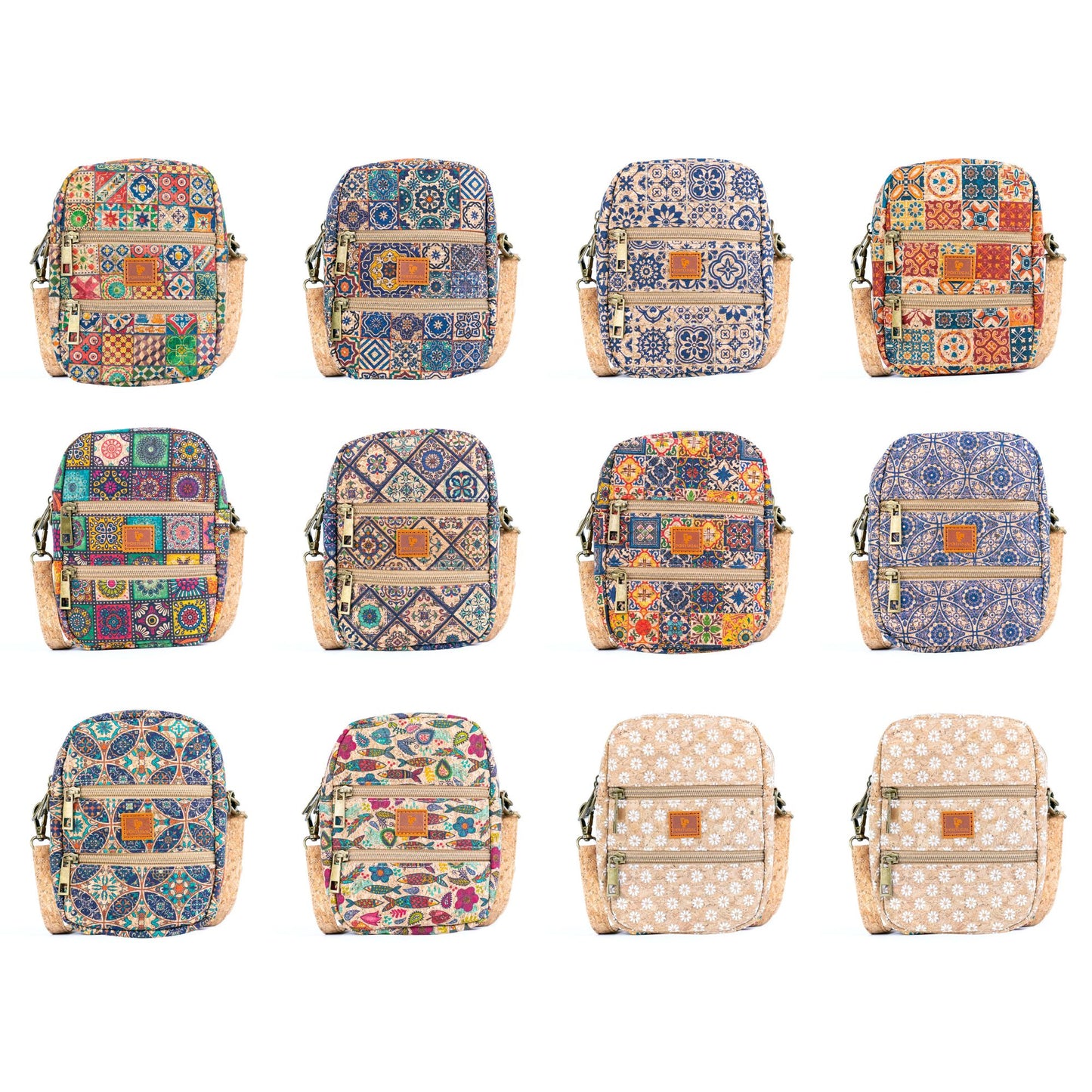12 UNITS - Mixed Cork Crossbody Bags With Double Front Zippers BAGD-618-MIX-12