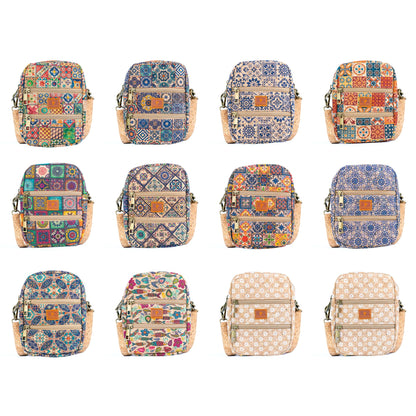 12 UNITS - Mixed Cork Crossbody Bags With Double Front Zippers BAGD-618-MIX-12