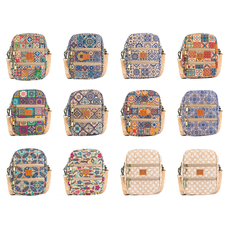 12 UNITS - Mixed Cork Crossbody Bags With Double Front Zippers BAGD-618-MIX-12