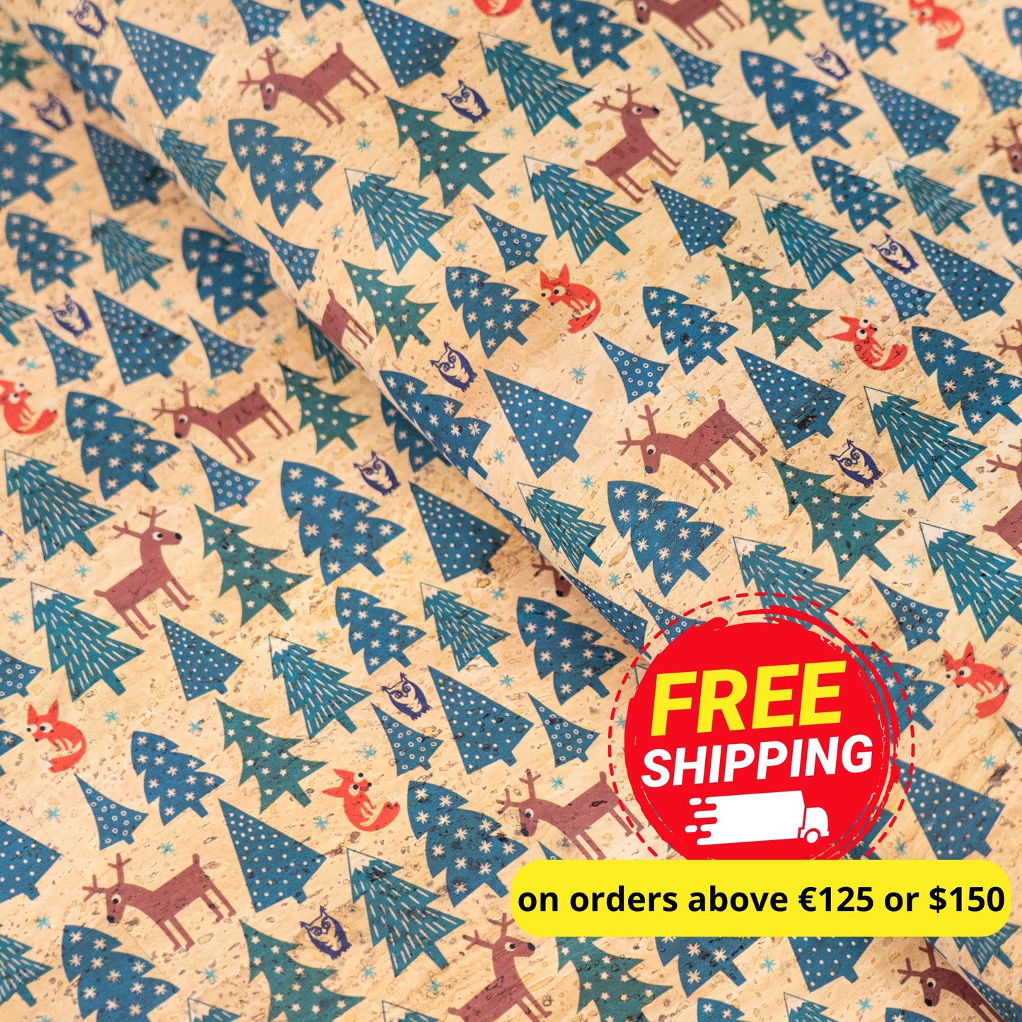 Holiday Special - Reindeer, Foxes & Snowy Trees on Natural Cork Fabric COF-13