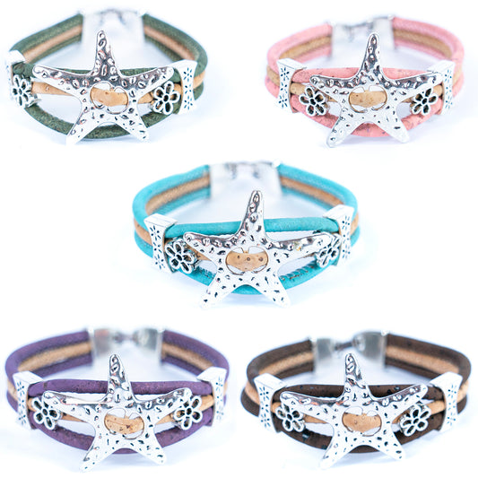 3MM round cork wire and alloy hardware starfish and flowers handmade fashion ladies braceletBR-453-MIX-5