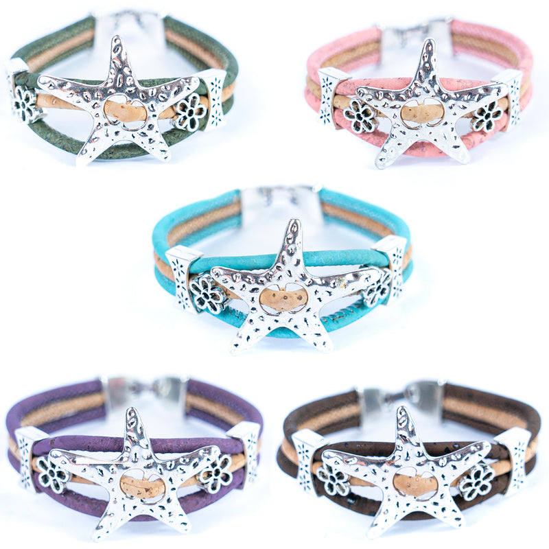 3MM round cork wire and alloy hardware starfish and flowers handmade fashion ladies braceletBR-453-MIX-5