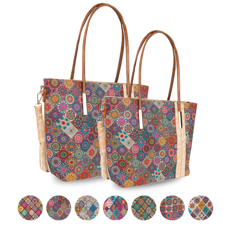 Set of 2 Printed Cork Handbags – Large & Small Tote Bag Combo BAGD-481A