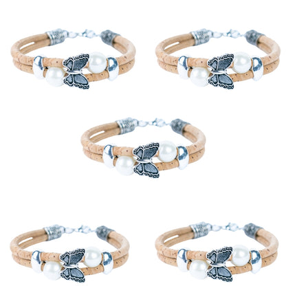 Natural cork with round beads handmade bracelet (adjustable jewelry) BR-484-5（NEW)）