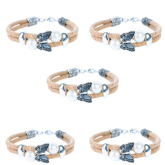 Natural cork with round beads handmade bracelet (adjustable jewelry) BR-484-5（NEW)）