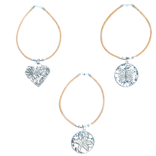 3 styles of handmade necklaces for women with natural cork cord and alloy hardware NE-1078-MIX-3