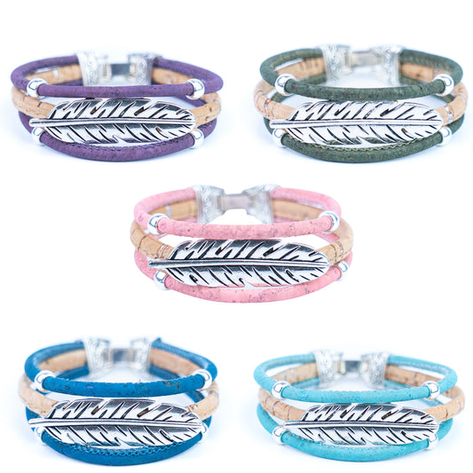 Handmade Portuguese Cork Bracelet Set – Natural Colored Cork with Feather Alloy Charm, Lightweight Eco-Friendly Jewelry（unisex） BRW-023-MIX-5