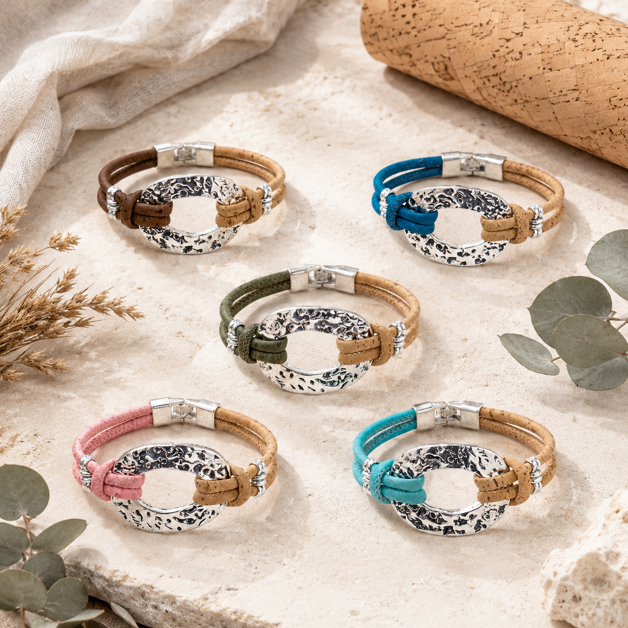 Handmade Natural Cork Bracelet with Silver-Tone Oval – Pack of 5- BR-534-MIX-5