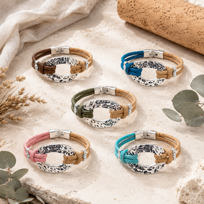 Handmade Natural Cork Bracelet with Silver-Tone Oval – Pack of 5- BR-534-MIX-5