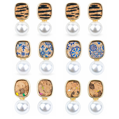 Natural cork and pearl drop earrings  – Pack of 6Pairs-ER-215-MIX-6