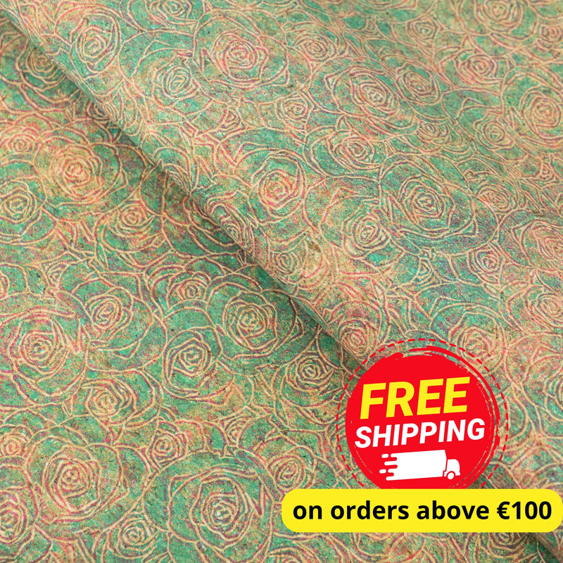 Embossed Rose Pattern Cork Fabric Green & Pink Tones COF-642