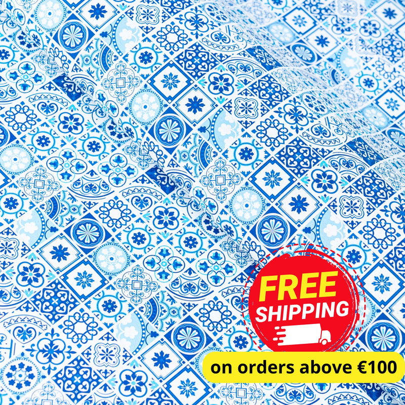 High-Quality Printed Cork Fabric with Blue Portuguese Tile Pattern COF-567