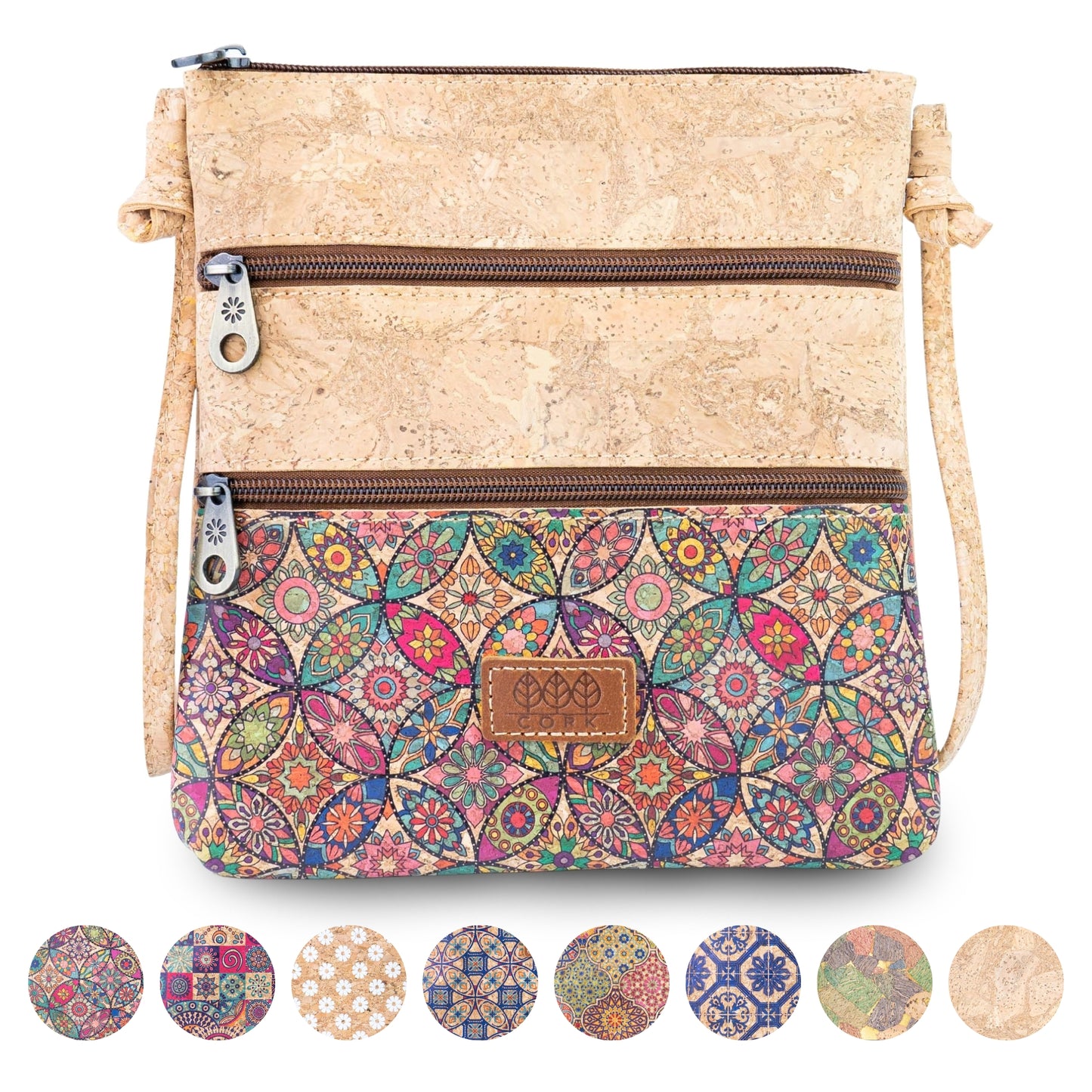 Printed Cork Crossbody Bag with Multiple Zip Compartments BAGD-656