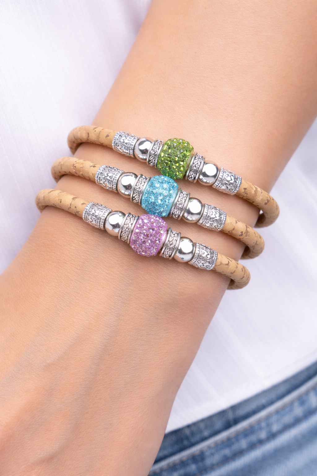 Natural cork thread and colorful shiny beads handmade women's bracelet BR-010-MIX-10