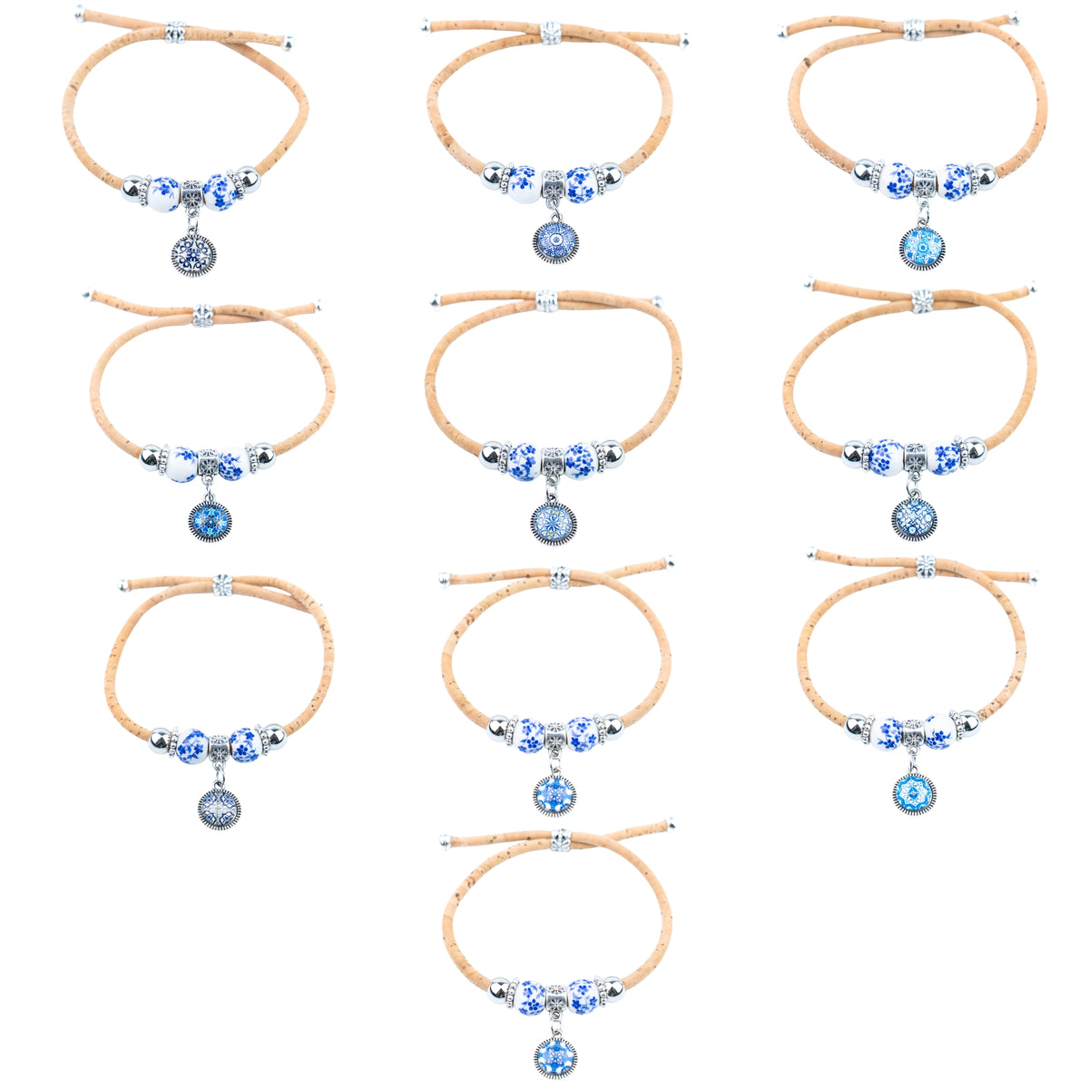 Natural Cork Bracelets with Blue Floral Beads and Round Charms – Set of 10-DBR-071-MIX-10
