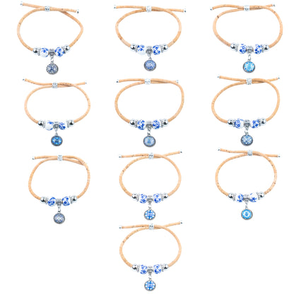Natural Cork Bracelets with Blue Floral Beads and Round Charms – Set of 10-DBR-071-MIX-10