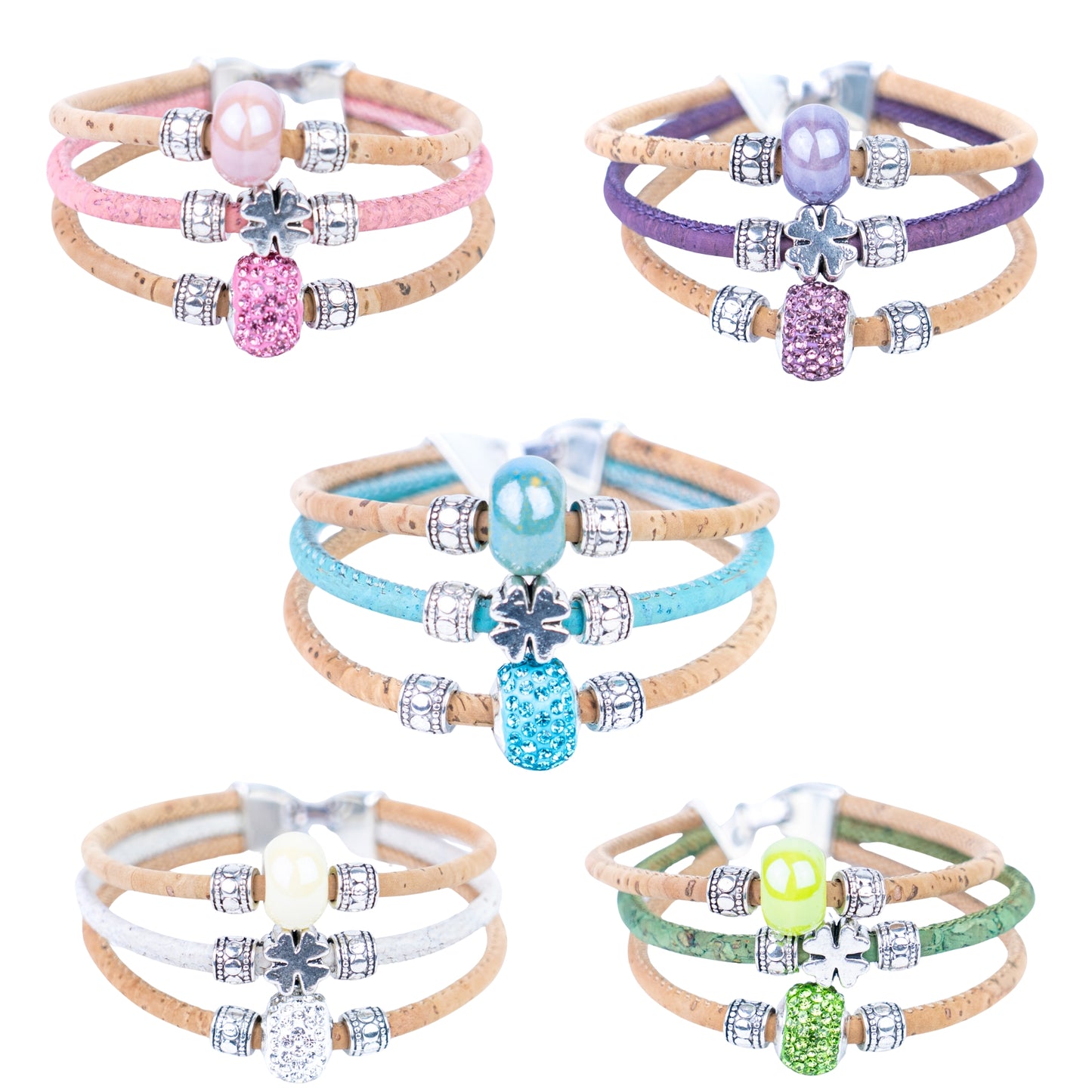 Portuguese Handmade Cork Bracelet | Ceramic Beads & Rhinestone Beads | Colored Cork Thread | 5-Pack  BR-426-MIX-5