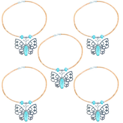 Natural 5mm round cork wire and turquoise beads and pendant handmade necklace NE-1033-5