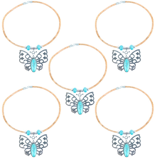 Natural 5mm round cork wire and turquoise beads and pendant handmade necklace NE-1033-5