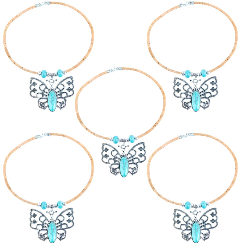 Natural 5mm round cork wire and turquoise beads and pendant handmade necklace NE-1033-5