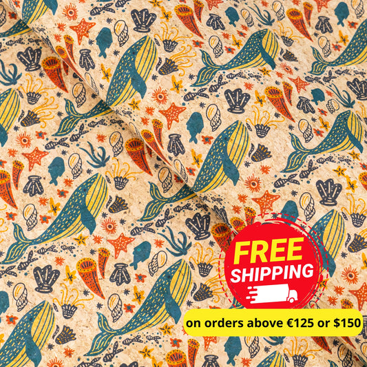 Illustrated Whale & Coral Cork Fabric COF-634