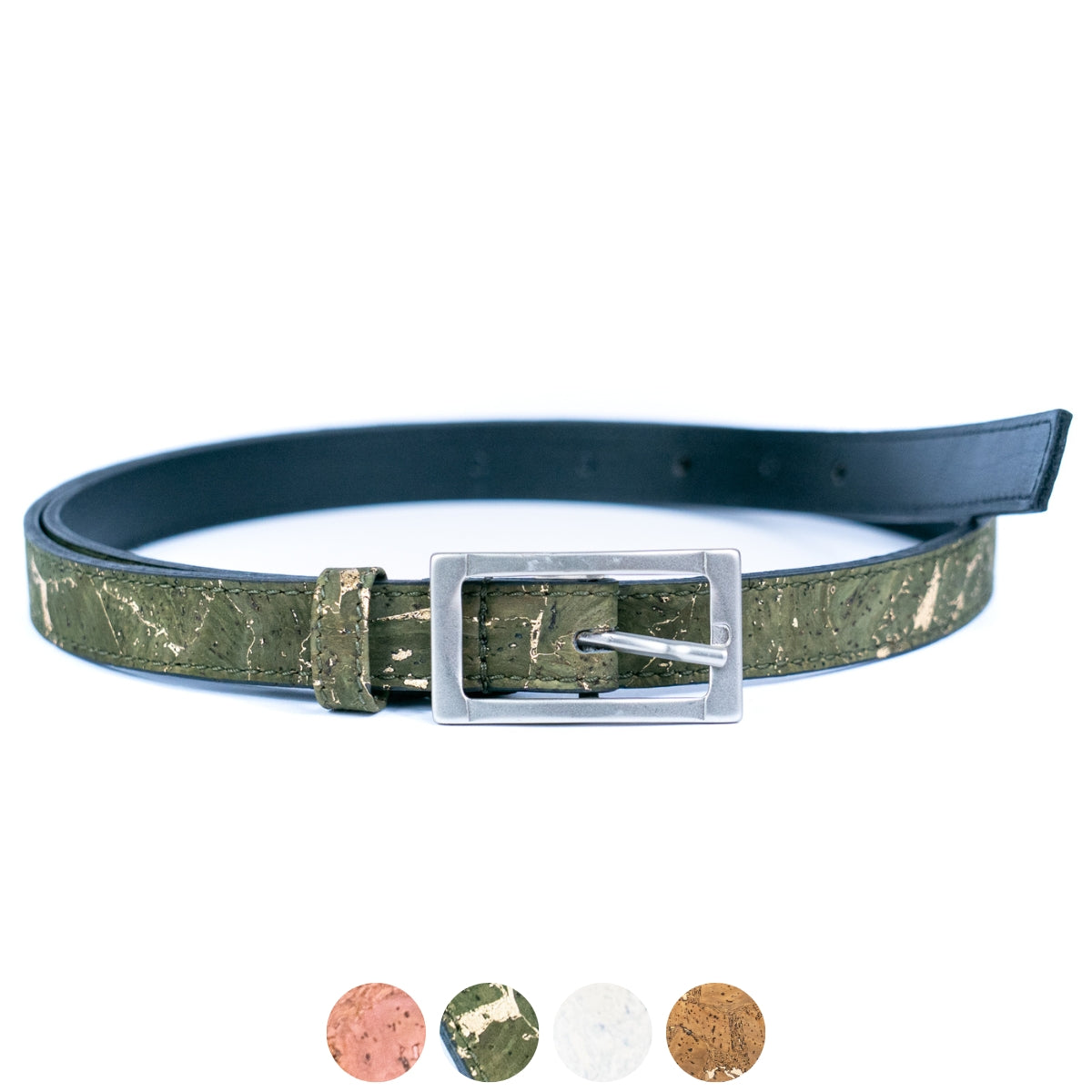 Women's Slim Cork Belt with Silver Rectangle Buckle – L-1106