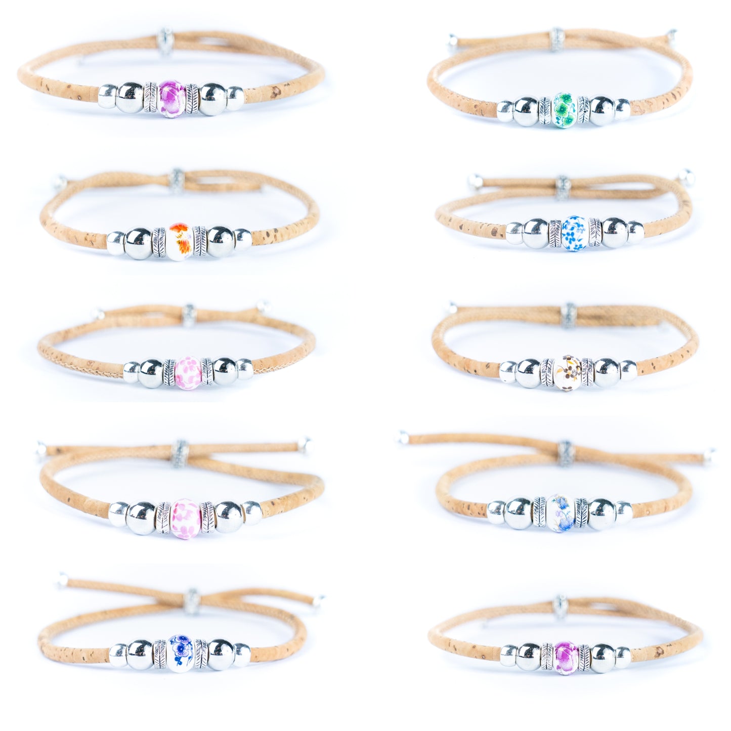 3mm Round Cork Bangle | Ceramic Beads & Alloy Fittings | Handmade, Adjustable | 10 Mixed Colors BR-502-MIX-10