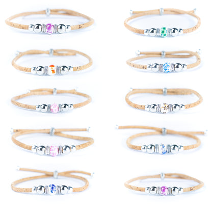 3mm Round Cork Bangle | Ceramic Beads & Alloy Fittings | Handmade, Adjustable | 10 Mixed Colors BR-502-MIX-10